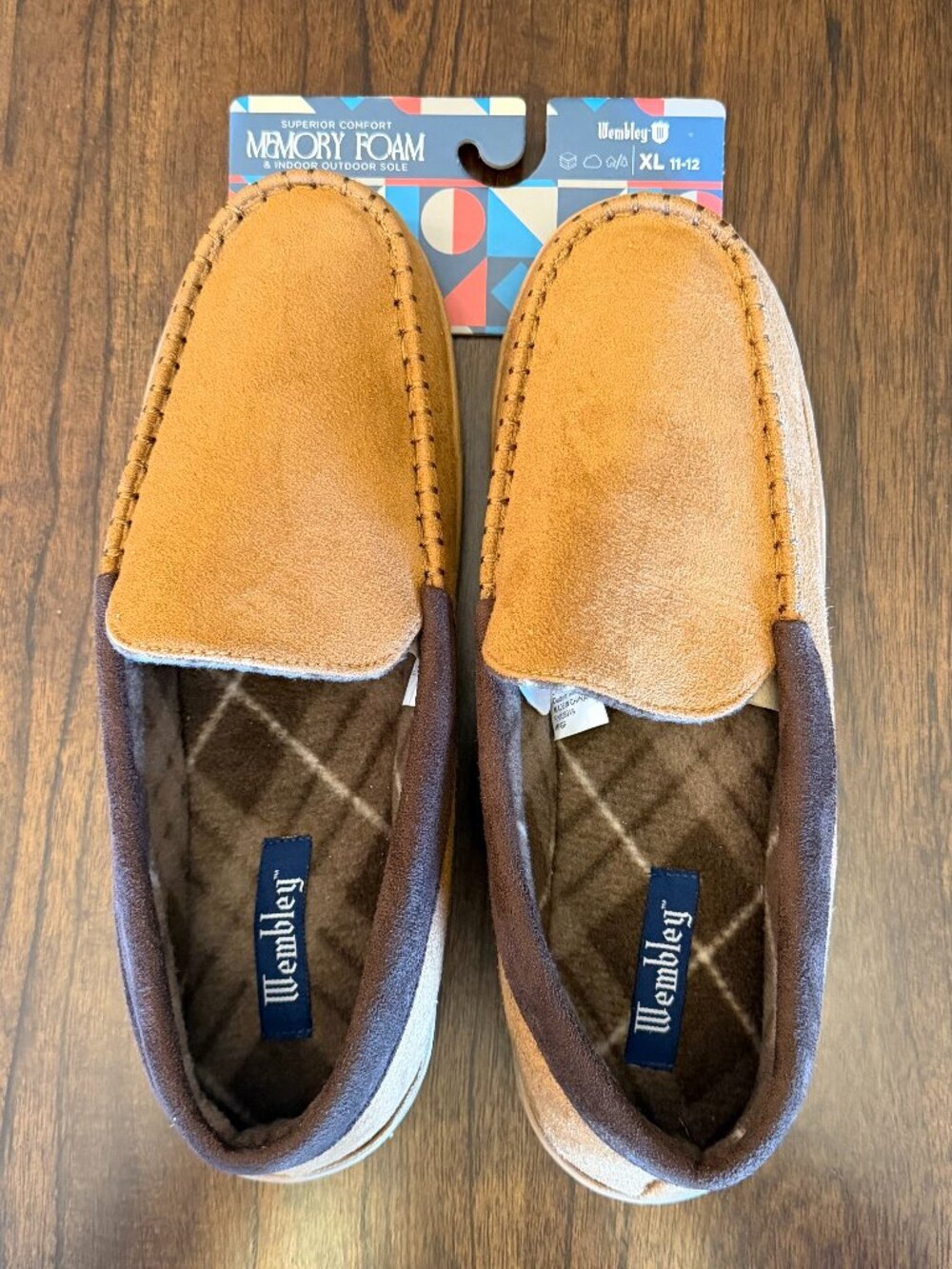 NWT Men's Wembley Camel Brown Suede Moccasin Slippers Memory Foam, Size XL 11-12